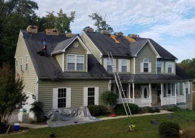 House with workers doing the roofing